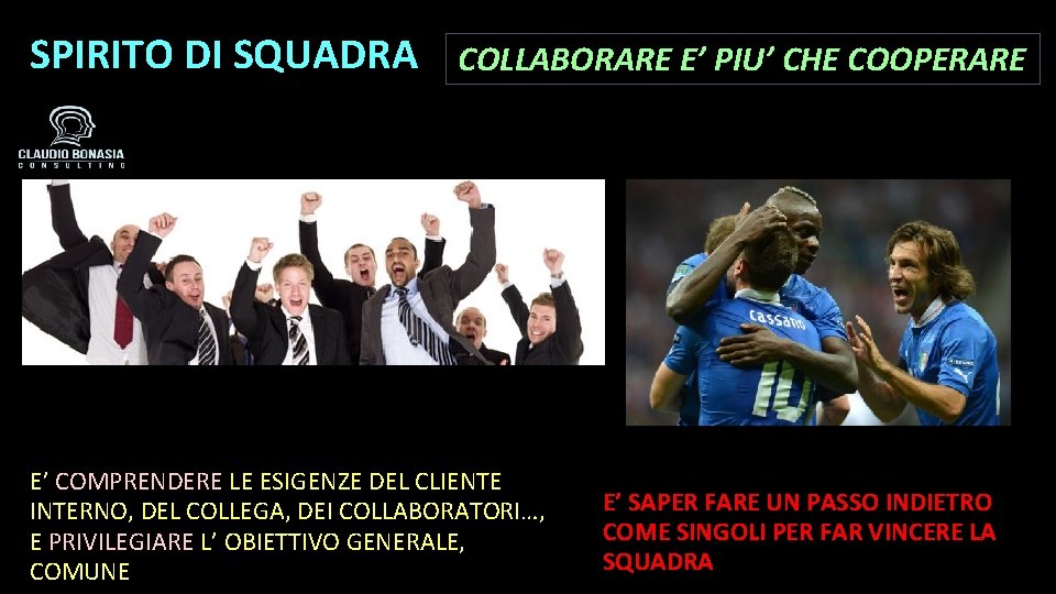 SPIRITO DI SQUADRA COLLABORARE E’ PIU’ CHE COOPERARE E’ COMPRENDERE LE ESIGENZE DEL CLIENTE