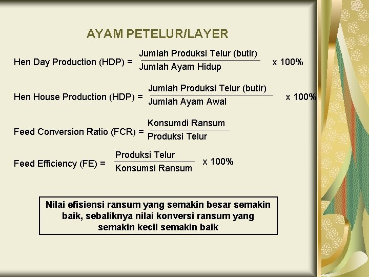 AYAM PETELUR/LAYER Jumlah Produksi Telur (butir) Hen Day Production (HDP) = Jumlah Ayam Hidup
