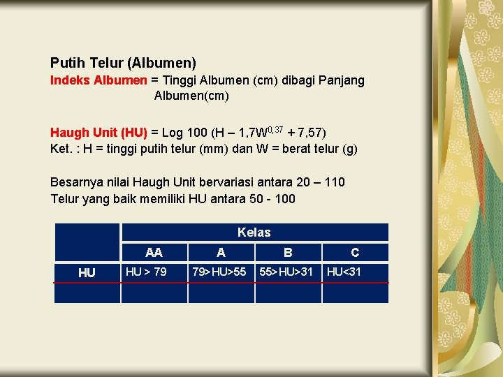 Putih Telur (Albumen) Indeks Albumen = Tinggi Albumen (cm) dibagi Panjang Albumen(cm) Haugh Unit