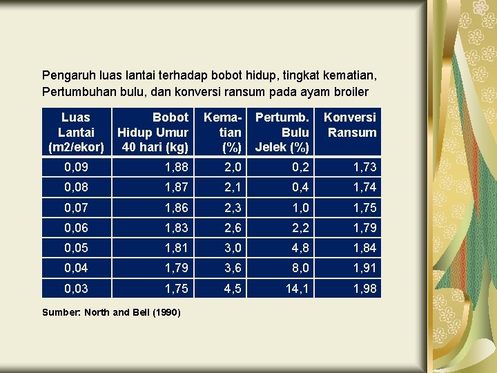 Pengaruh luas lantai terhadap bobot hidup, tingkat kematian, Pertumbuhan bulu, dan konversi ransum pada