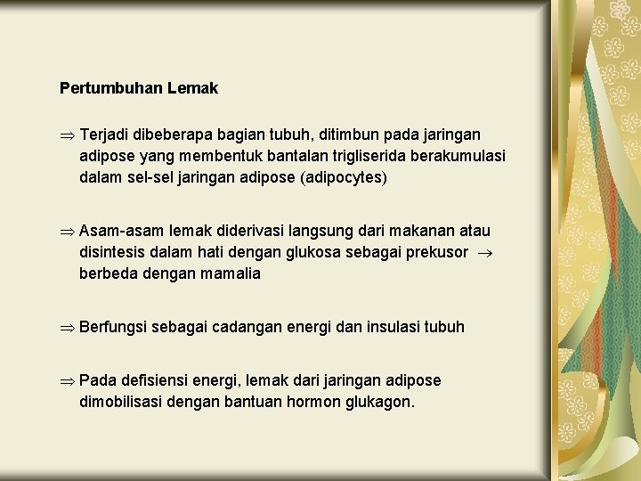 Pertumbuhan Lemak Þ Terjadi dibeberapa bagian tubuh, ditimbun pada jaringan adipose yang membentuk bantalan