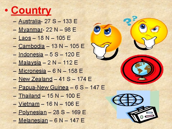  • Country – – – – Australia- 27 S – 133 E Myanmar-