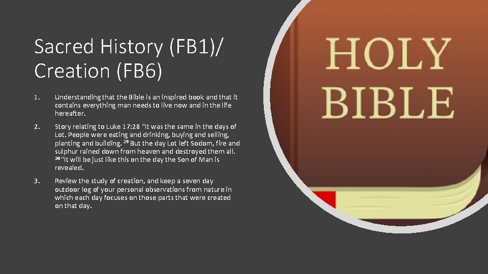 Sacred History (FB 1)/ Creation (FB 6) 1. Understanding that the Bible is an