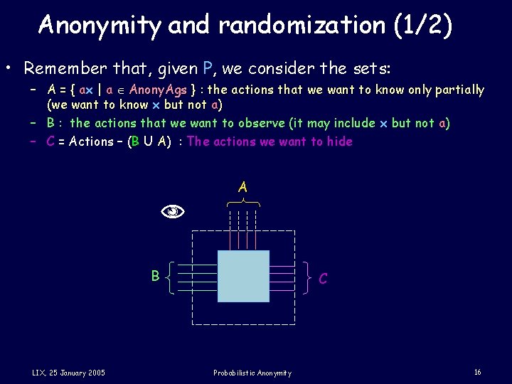 Anonymity and randomization (1/2) • Remember that, given P, we consider the sets: –