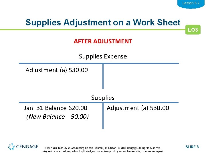 Lesson 6 -2 Supplies Adjustment on a Work Sheet LO 3 AFTER ADJUSTMENT Supplies