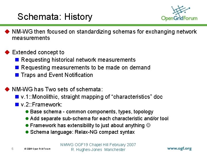 Schemata: History u NM-WG then focused on standardizing schemas for exchanging network measurements u