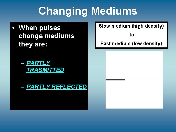 Changing Mediums • When pulses change mediums they are: – PARTLY TRASMITTED – PARTLY