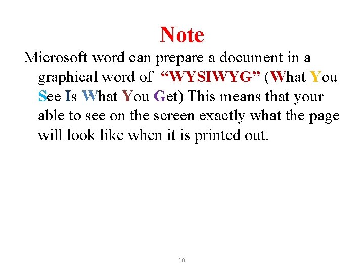 Note Microsoft word can prepare a document in a graphical word of “WYSIWYG” (What