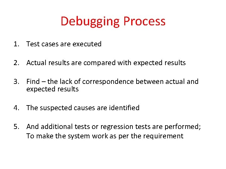 Debugging Process 1. Test cases are executed 2. Actual results are compared with expected