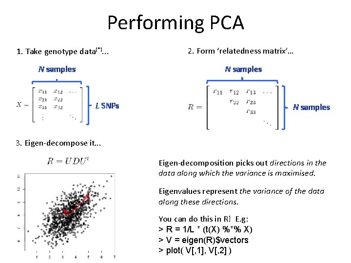 Performing PCA 1. Take genotype data(*). . . N samples 2. Form ‘relatedness matrix’…