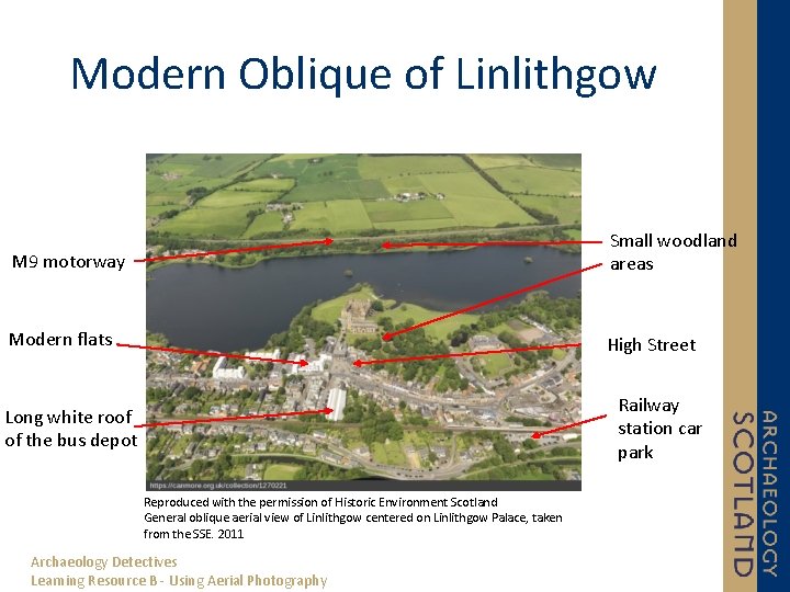 Modern Oblique of Linlithgow M 9 motorway Small woodland areas Modern flats High Street
