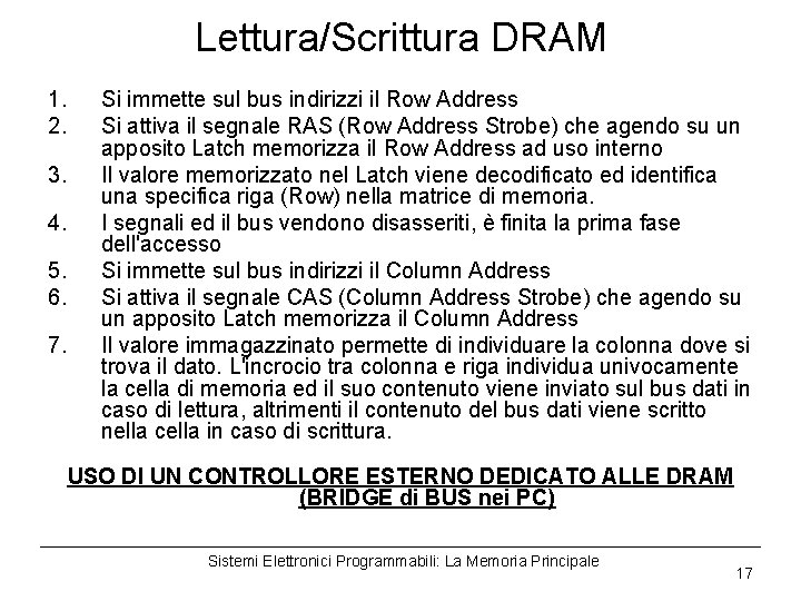 Lettura/Scrittura DRAM 1. 2. 3. 4. 5. 6. 7. Si immette sul bus indirizzi