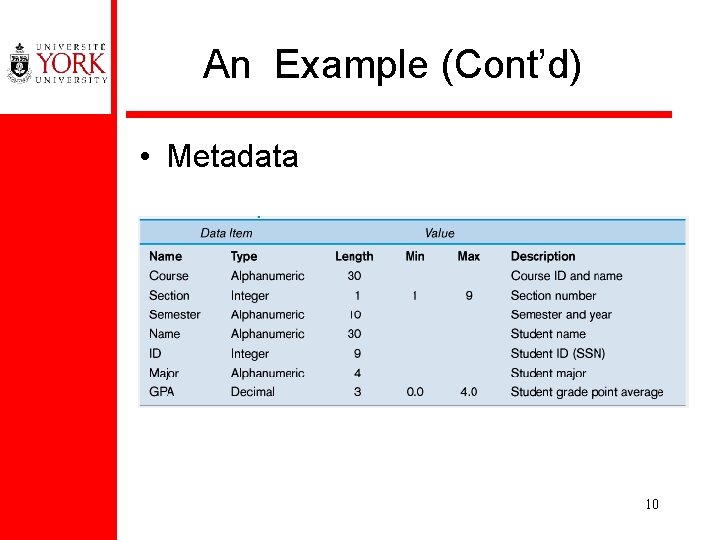 An Example (Cont’d) • Metadata 10 