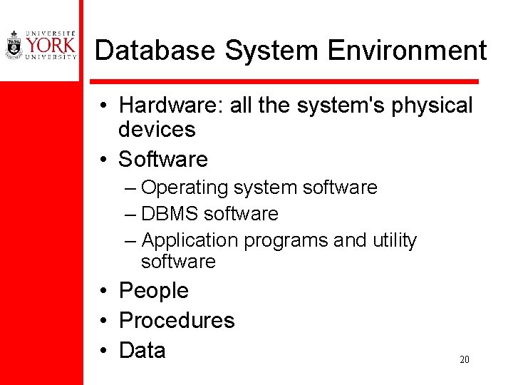 Database System Environment • Hardware: all the system's physical devices • Software – Operating