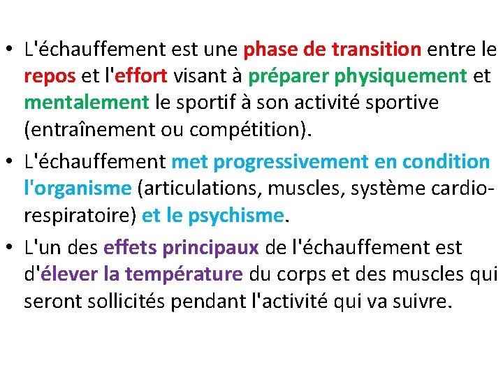 LCHAUFFEMENT DU SPORTIF OBJECTIFS PRINCIPES TECHNIQUES Docteur Alexandre