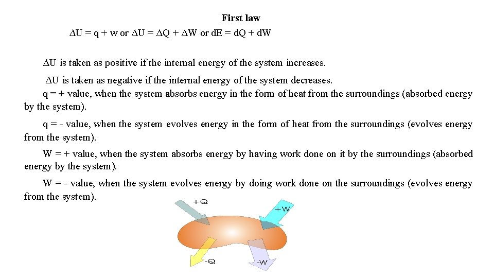 First law ∆U = q + w or ΔU = ΔQ + ΔW or