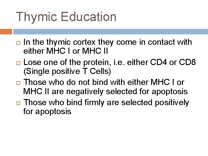 Thymic Education In the thymic cortex they come in contact with either MHC I