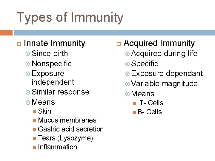 Types of Immunity Innate Immunity Since birth Nonspecific Exposure independent Similar response Means Skin