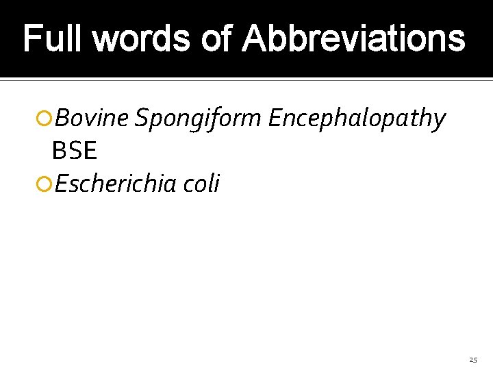 Full words of Abbreviations Bovine Spongiform Encephalopathy BSE Escherichia coli 25 