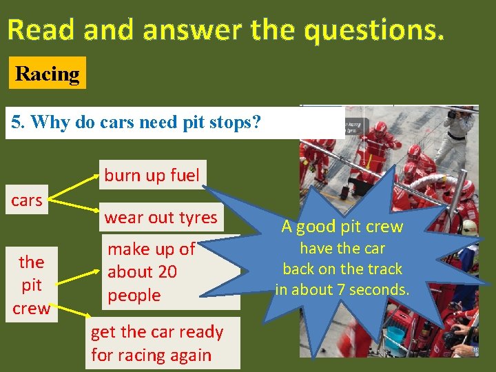 Read answer the questions. Racing 5. Why do cars need pit stops? burn up