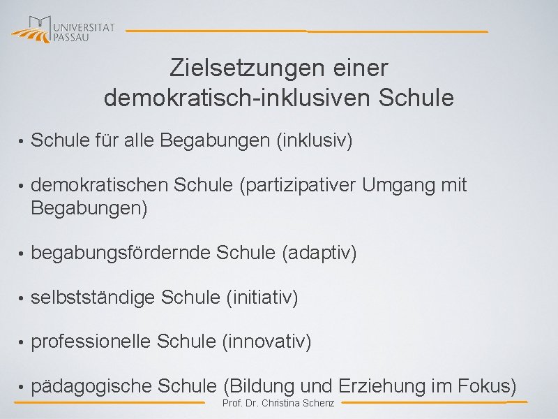 Zielsetzungen einer demokratisch-inklusiven Schule • Schule für alle Begabungen (inklusiv) • demokratischen Schule (partizipativer