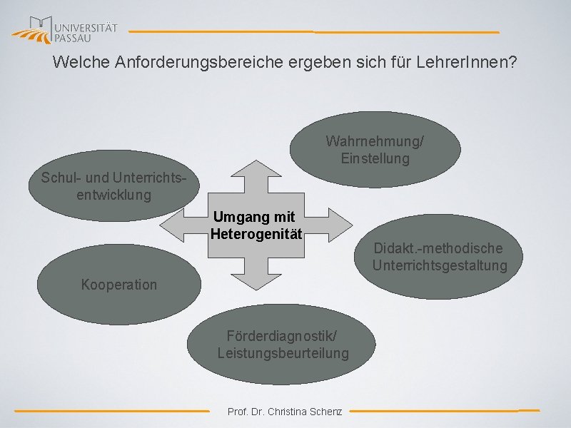 Welche Anforderungsbereiche ergeben sich für Lehrer. Innen? Wahrnehmung/ Einstellung Schul- und Unterrichtsentwicklung Umgang mit