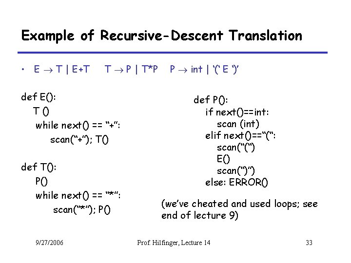 Example of Recursive-Descent Translation • E T | E+T T P | T*P def