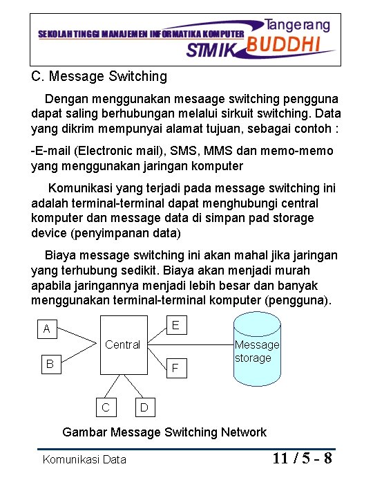 C. Message Switching Dengan menggunakan mesaage switching pengguna dapat saling berhubungan melalui sirkuit switching.