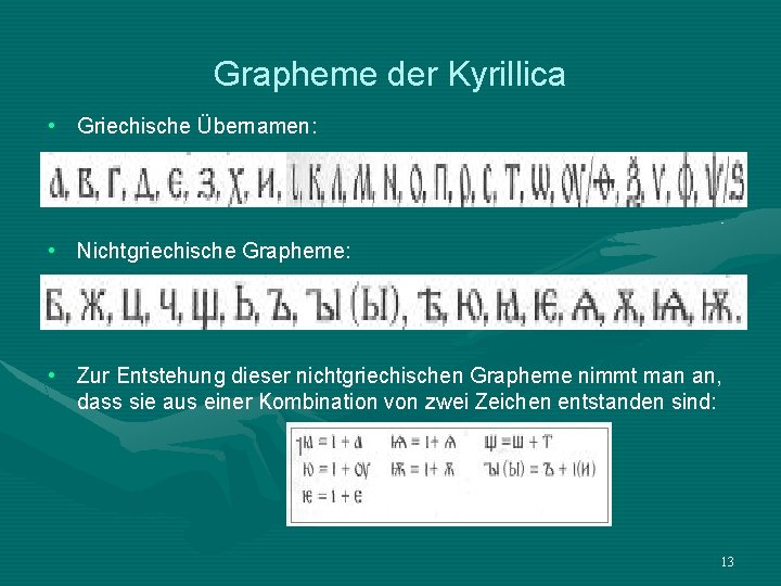 Grapheme der Kyrillica • Griechische Übernamen: • Nichtgriechische Grapheme: • Zur Entstehung dieser nichtgriechischen