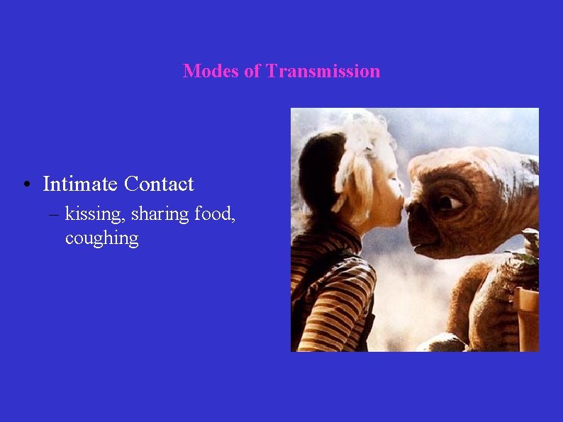 Modes of Transmission • Intimate Contact – kissing, sharing food, coughing 