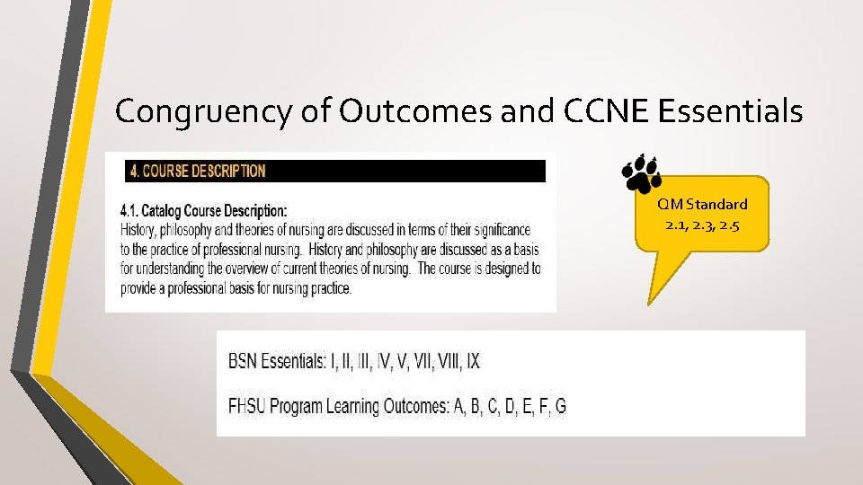 Congruency of Outcomes and CCNE Essentials QM Standard 2. 1, 2. 3, 2. 5