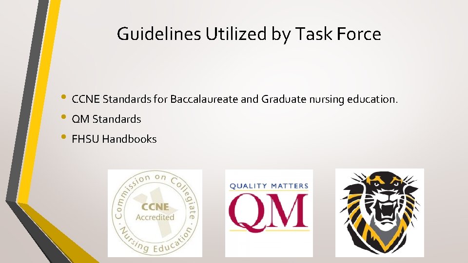 Guidelines Utilized by Task Force • CCNE Standards for Baccalaureate and Graduate nursing education.