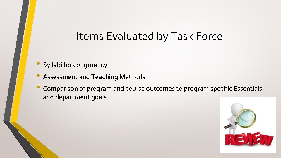 Items Evaluated by Task Force • Syllabi for congruency • Assessment and Teaching Methods