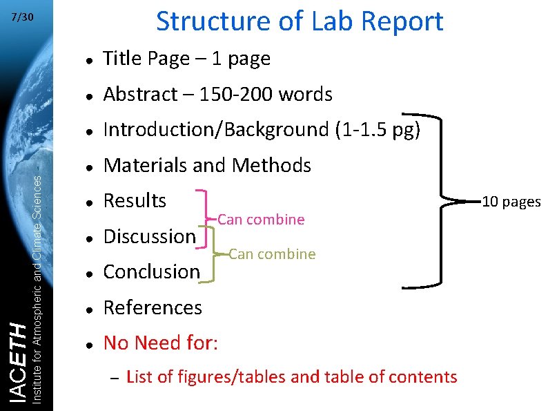 Structure of Lab Report Institute for Atmospheric and Climate Sciences IACETH 7/30 ● Title