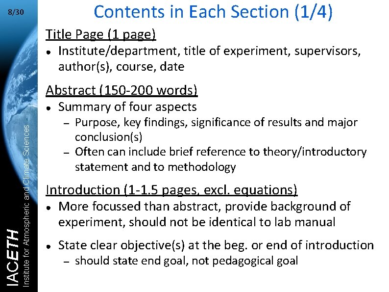 Contents in Each Section (1/4) 8/30 Title Page (1 page) ● Institute/department, title of