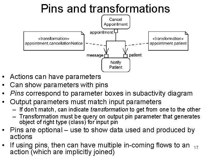 Pins and transformations • • Actions can have parameters Can show parameters with pins