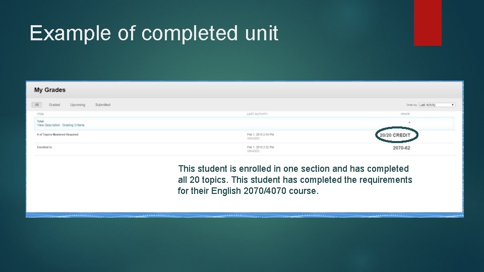 Example of completed unit This student is enrolled in one section and has completed Example of completed unit This student is enrolled in one section and has completed