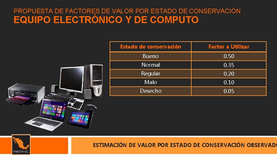 PROPUESTA DE FACTORES DE VALOR POR ESTADO DE CONSERVACIÓN EQUIPO ELECTRÓNICO Y DE COMPUTO