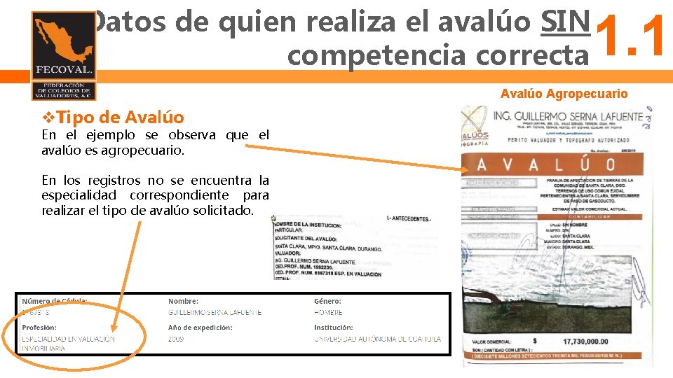 Datos de quien realiza el avalúo SIN competencia correcta 1. 1 Avalúo Agropecuario Tipo