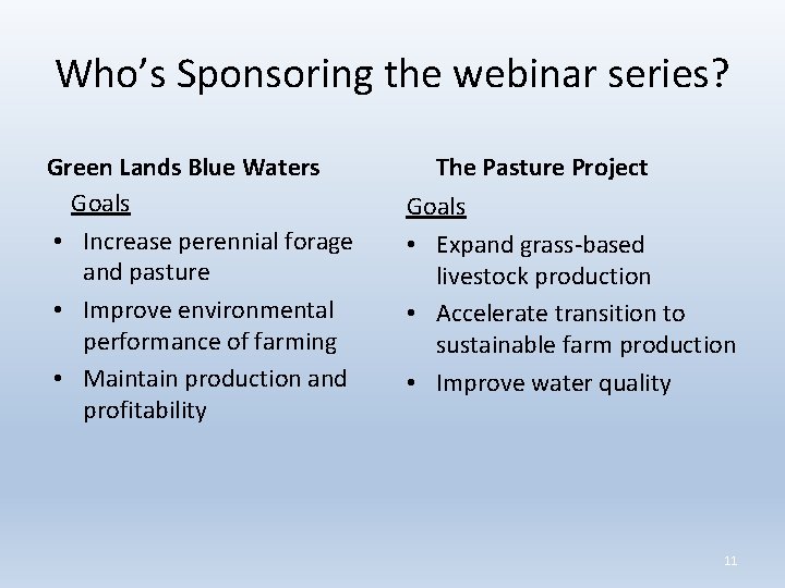 Who’s Sponsoring the webinar series? Green Lands Blue Waters Goals • Increase perennial forage