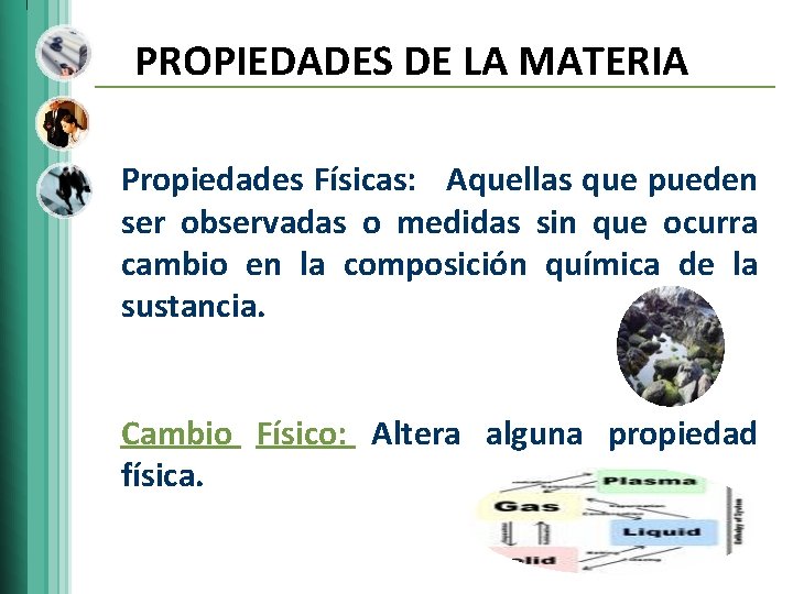 PROPIEDADES DE LA MATERIA Propiedades Físicas: Aquellas que pueden ser observadas o medidas sin