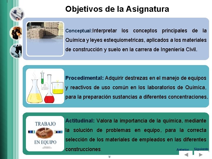 Objetivos de la Asignatura Conceptual: Interpretar los conceptos principales de la Química y leyes