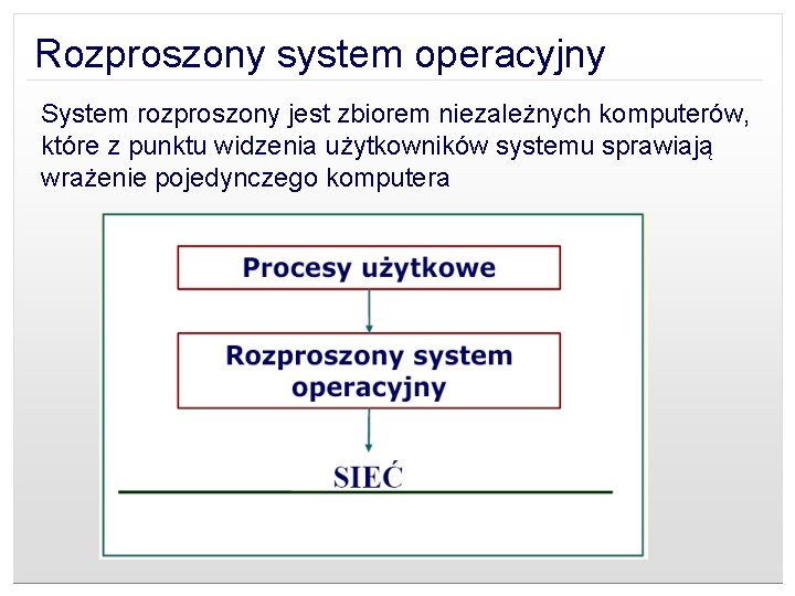 Rozproszony system operacyjny System rozproszony jest zbiorem niezależnych komputerów, które z punktu widzenia użytkowników