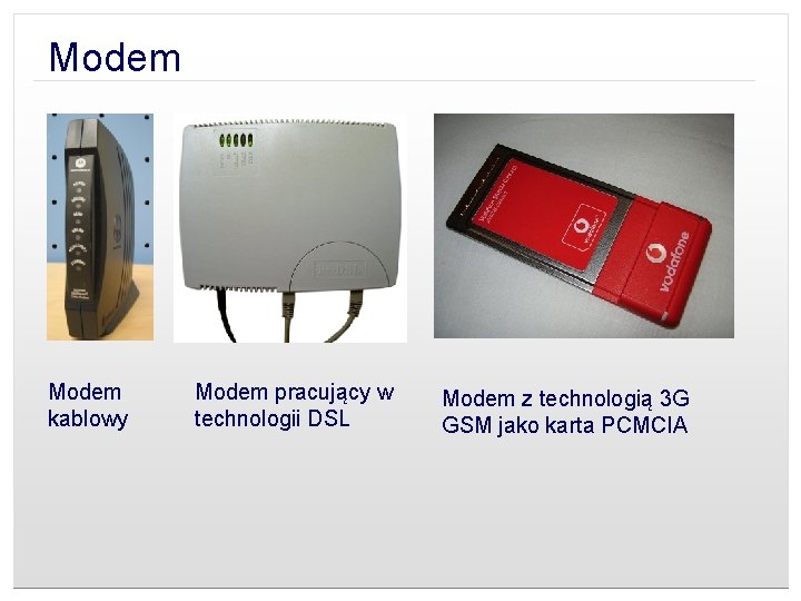 Modem kablowy Modem pracujący w technologii DSL Modem z technologią 3 G GSM jako
