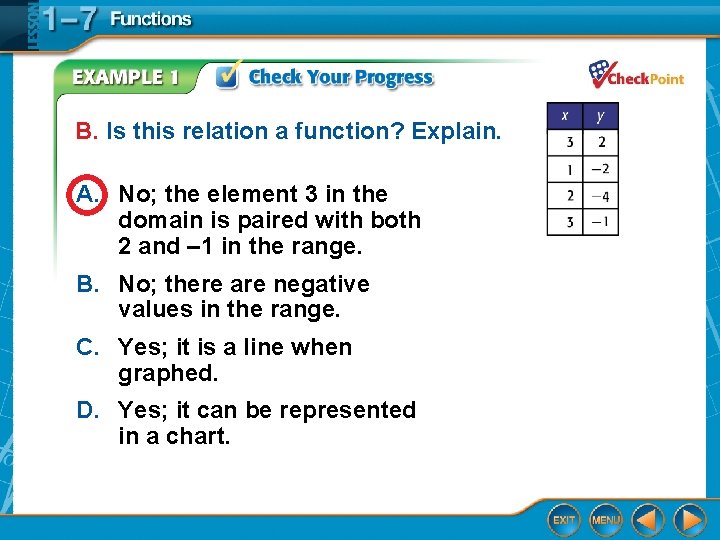 B. Is this relation a function? Explain. A. No; the element 3 in the