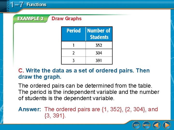 Draw Graphs C. Write the data as a set of ordered pairs. Then draw