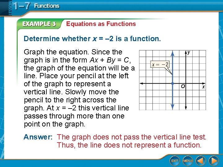 Equations as Functions Determine whether x = – 2 is a function. Graph the