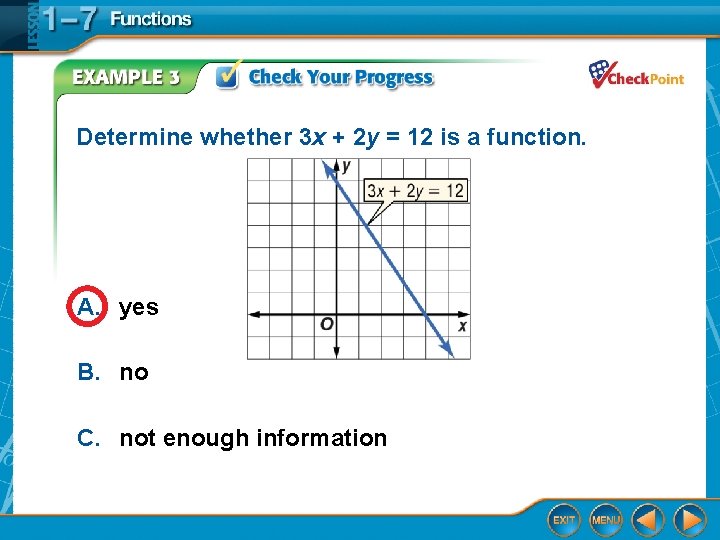 Determine whether 3 x + 2 y = 12 is a function. A. yes