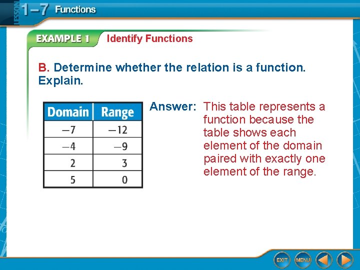 Identify Functions B. Determine whether the relation is a function. Explain. Answer: This table