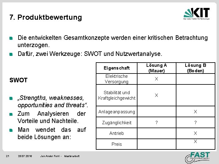 7. Produktbewertung Die entwickelten Gesamtkonzepte werden einer kritischen Betrachtung unterzogen. Dafür, zwei Werkzeuge: SWOT